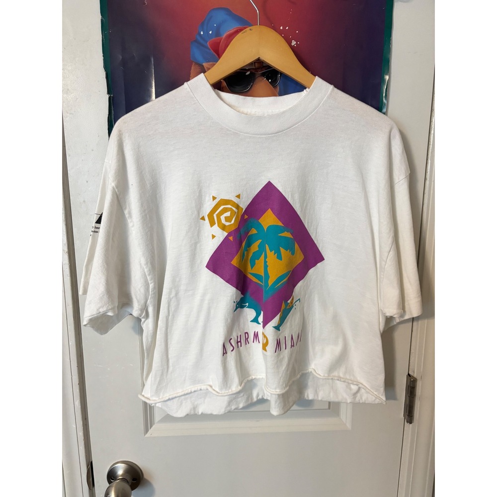 Vintage ASHRM Miami Cropped Graphic T-Shirt White 90s Palm Tree Boxy XL Cotton
